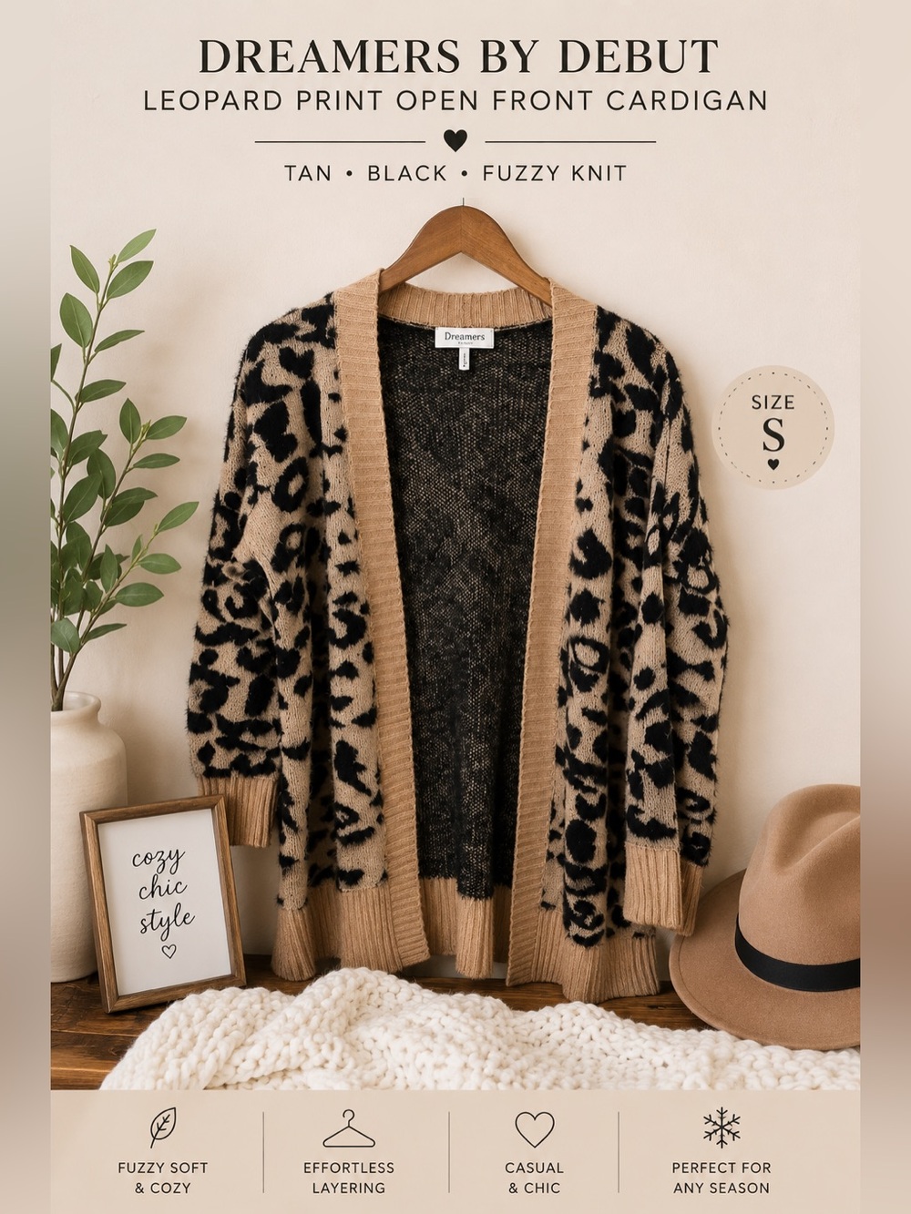Dreamers by Debut Leopard Print Open Front Cardigan Fuzzy Knit Size S Cozy
